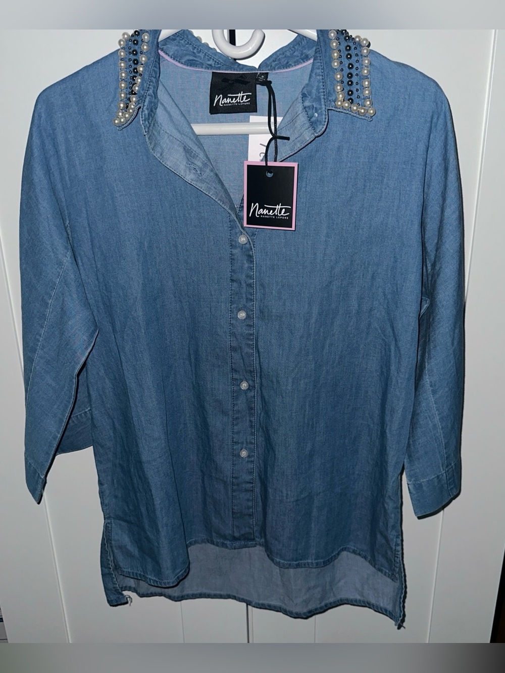 NWT Nanette Lepore Chambray Denim Shirt Embellished Pearls 3/4 Sleeve Size Small